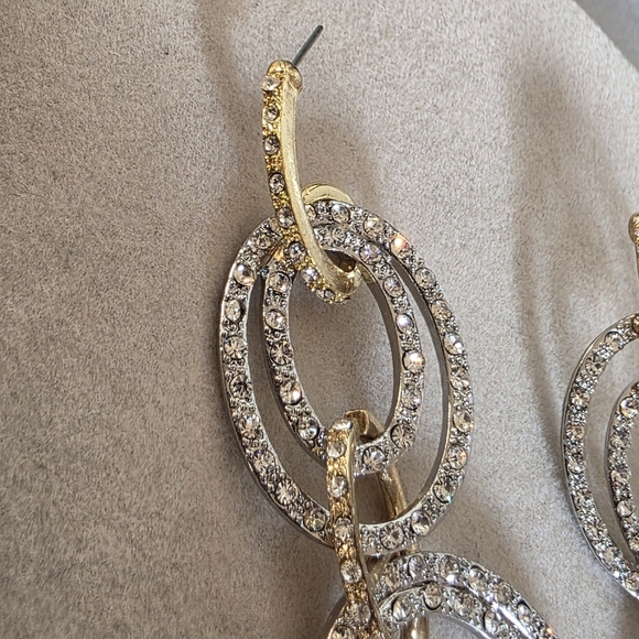 Long Statement Gold And Silver Oval Drop Glam Earrings - Picture 5 of 9